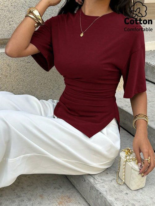 Aloruh Women's Casual Versatile Brown T-Shirt, Summer T-Shirt, Round Neck T-Shirt, Waist Cinched Asymmetric T-Shirt,Summer Top
