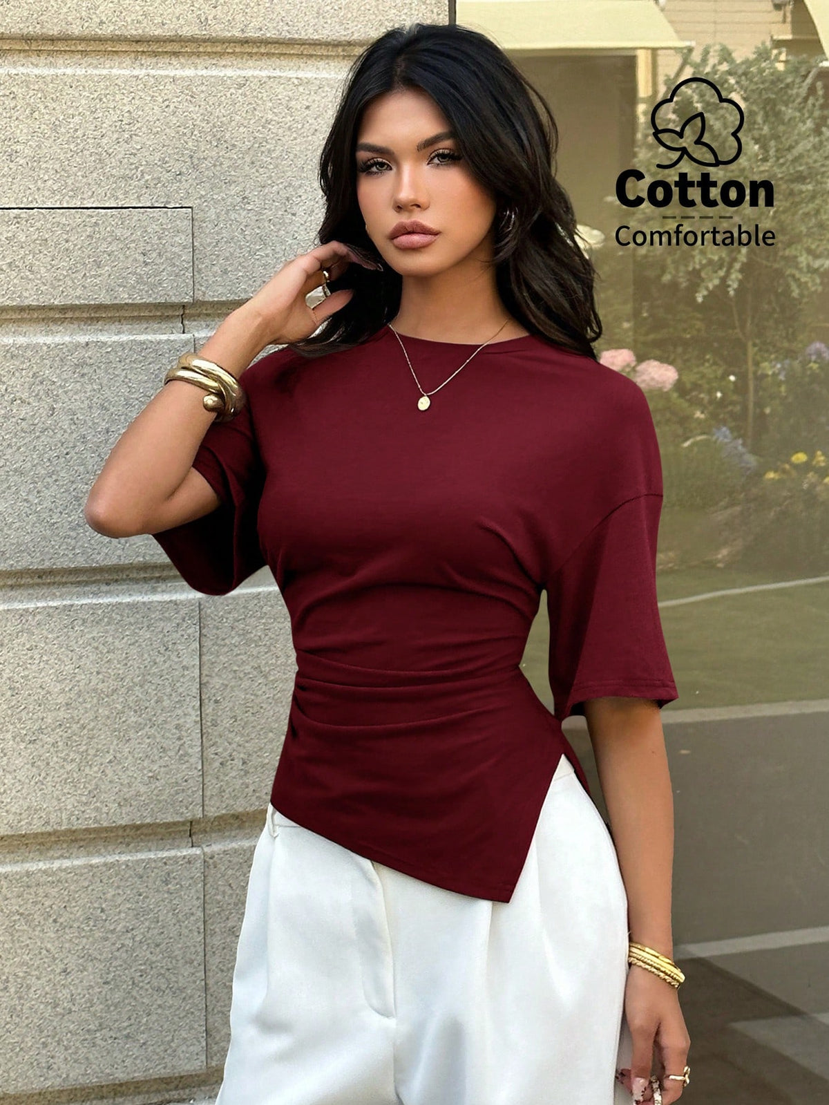 Aloruh Women's Casual Versatile Brown T-Shirt, Summer T-Shirt, Round Neck T-Shirt, Waist Cinched Asymmetric T-Shirt,Summer Top