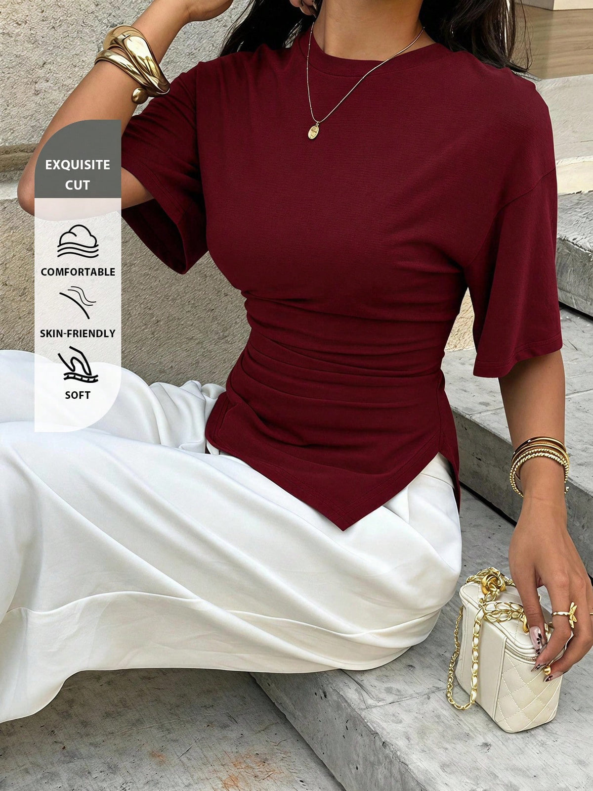 Aloruh Women's Casual Versatile Brown T-Shirt, Summer T-Shirt, Round Neck T-Shirt, Waist Cinched Asymmetric T-Shirt,Summer Top