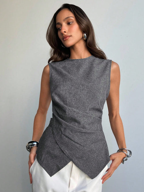 Aloruh Women's Charcoal Gray Elegant Summer Blouse Old Money Style Slim Fit Criss-Cross Waist Casual Office Work Business Commuter Teacher Teachers' Day