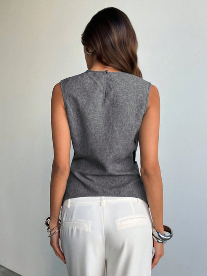 Aloruh Women's Charcoal Gray Elegant Summer Blouse Old Money Style Slim Fit Criss-Cross Waist Casual Office Work Business Commuter Teacher Teachers' Day