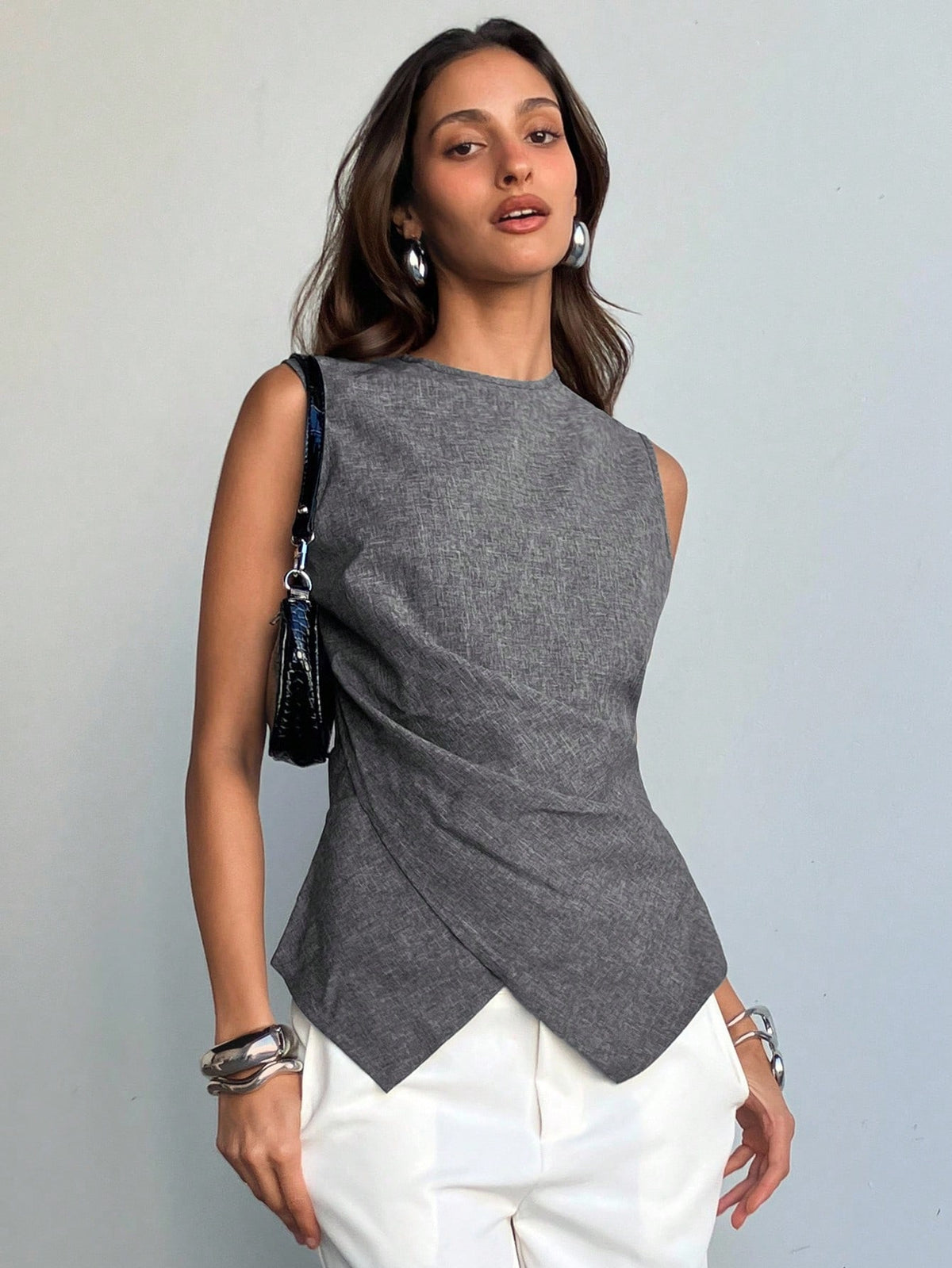 Aloruh Women's Charcoal Gray Elegant Summer Blouse Old Money Style Slim Fit Criss-Cross Waist Casual Office Work Business Commuter Teacher Teachers' Day