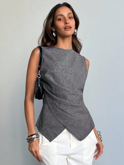 Aloruh Women's Charcoal Gray Elegant Summer Blouse Old Money Style Slim Fit Criss-Cross Waist Casual Office Work Business Commuter Teacher Teachers' Day