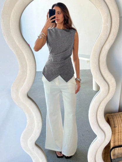 Aloruh Women's Charcoal Gray Elegant Summer Blouse Old Money Style Slim Fit Criss-Cross Waist Casual Office Work Business Commuter Teacher Teachers' Day