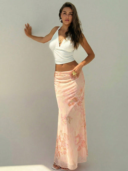 Aloruh Women's Elegant Floral Print Low Waist Skirt, Summer Clothing, Beachwear, Vacation Wear, Bohemian Tropical Pattern Mint Green,Casual, Commuter, Party