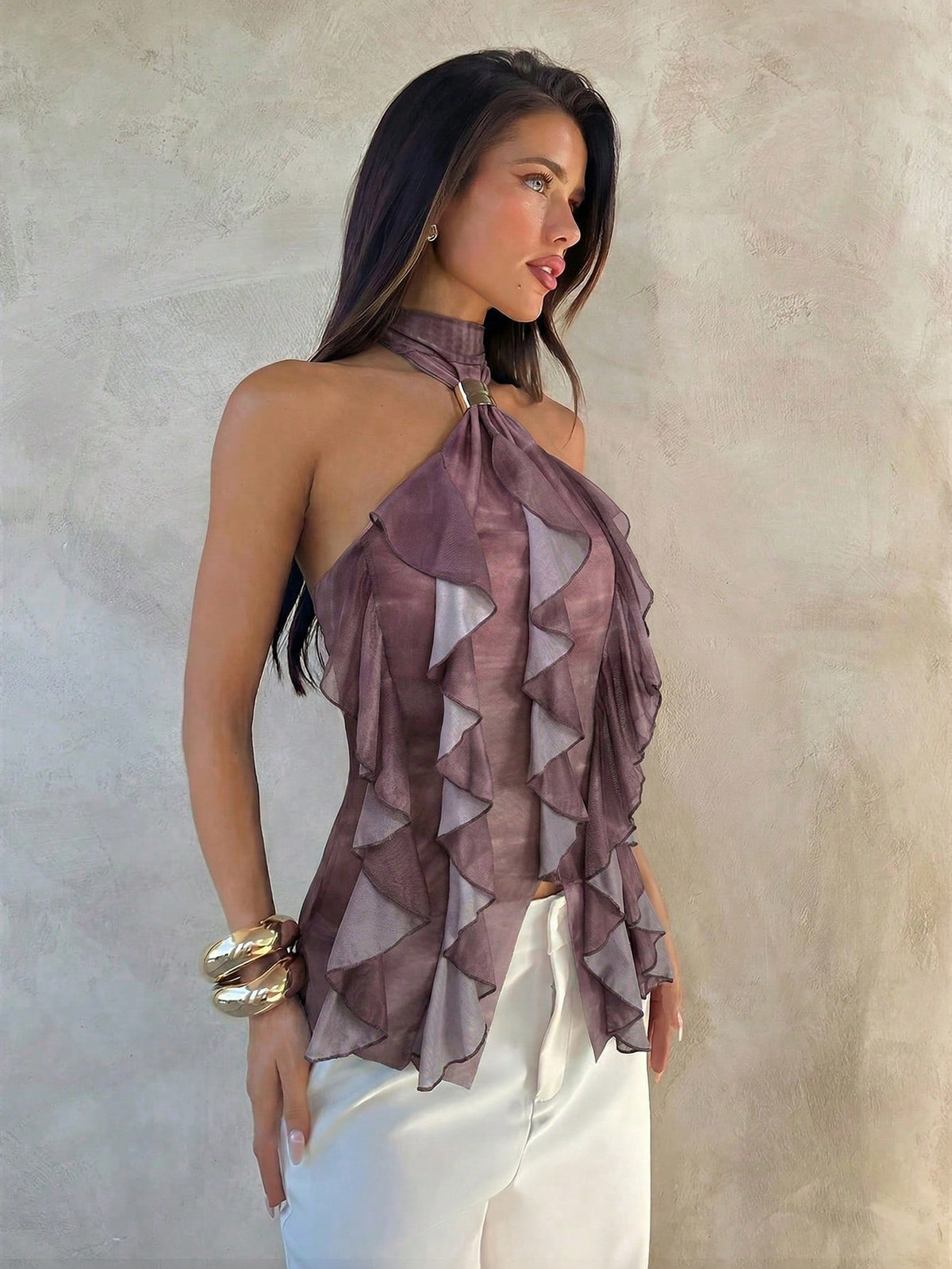 Aloruh Women's Elegant Multi-Layer Ruffle Trim Stand Collar Fitted Tank Top