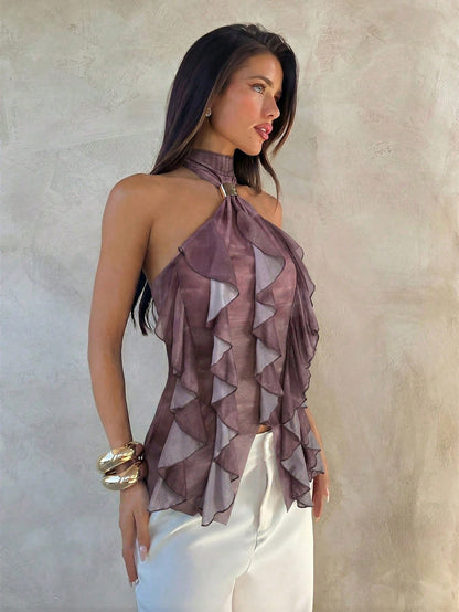 Aloruh Women's Elegant Multi-Layer Ruffle Trim Stand Collar Fitted Tank Top