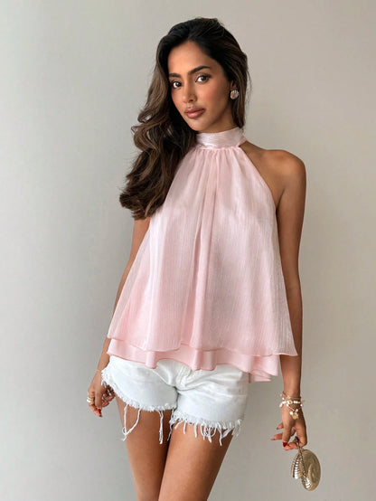 Aloruh Women's Elegant Shiny Light Pink Backless Blouse,Summer Top Perfect For Brunch,Vacations,Parties,Weddings,Business Casual & Bohemian Streetwear Look