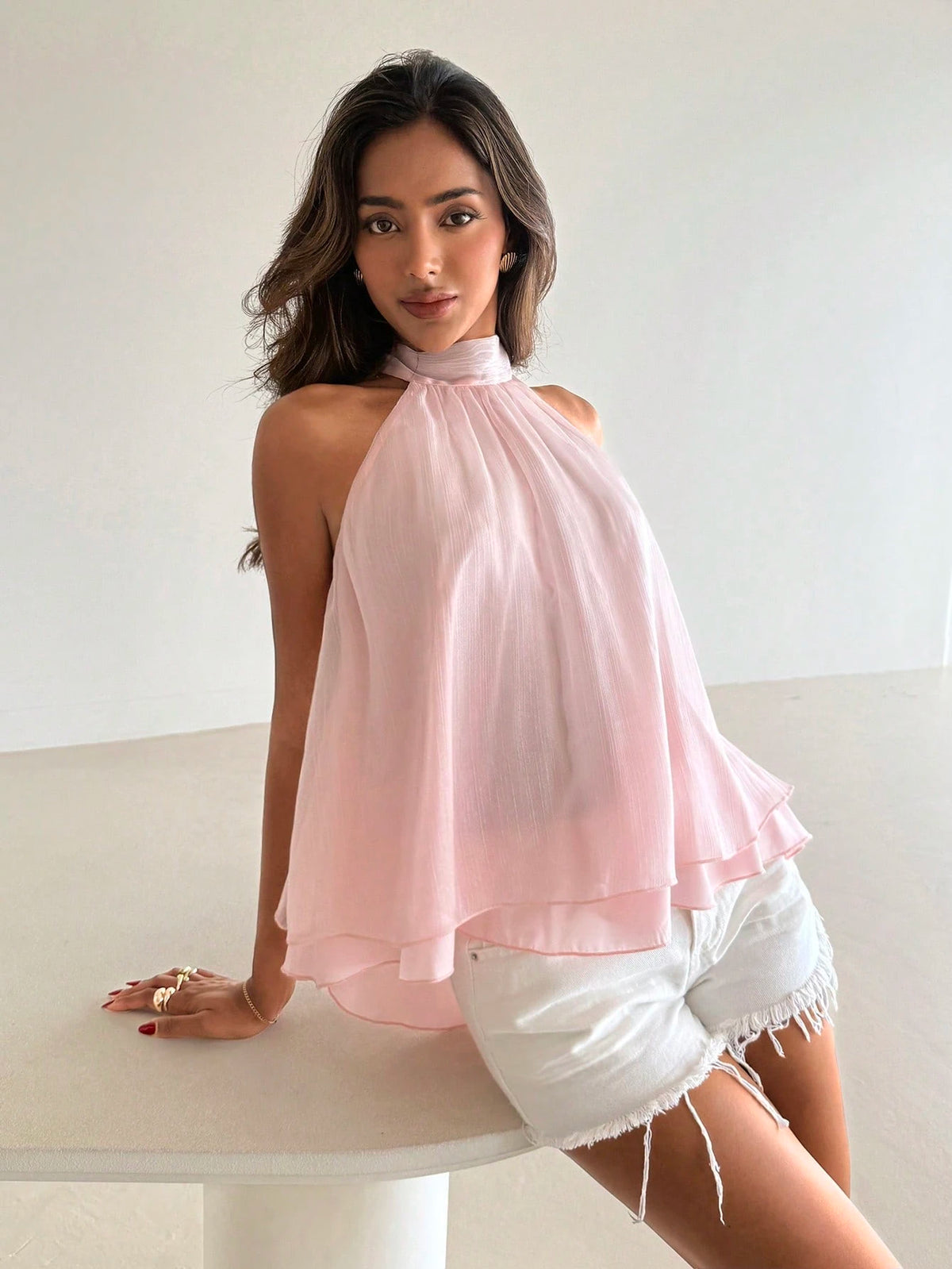 Aloruh Women's Elegant Shiny Light Pink Backless Blouse,Summer Top Perfect For Brunch,Vacations,Parties,Weddings,Business Casual & Bohemian Streetwear Look