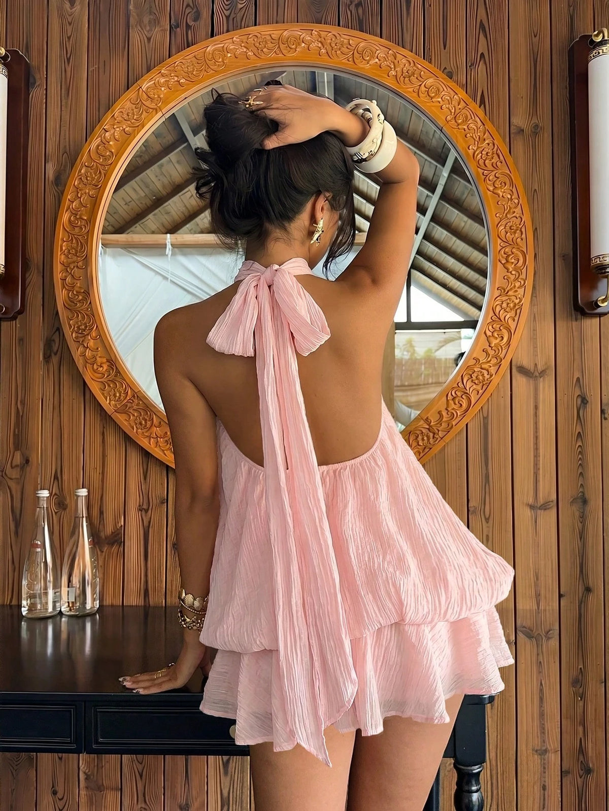 Aloruh Women's Elegant Tropical Light Pink Halter Neck Tie Mini Dress Vacation Summer,Wedding Guest,Graduation Dress