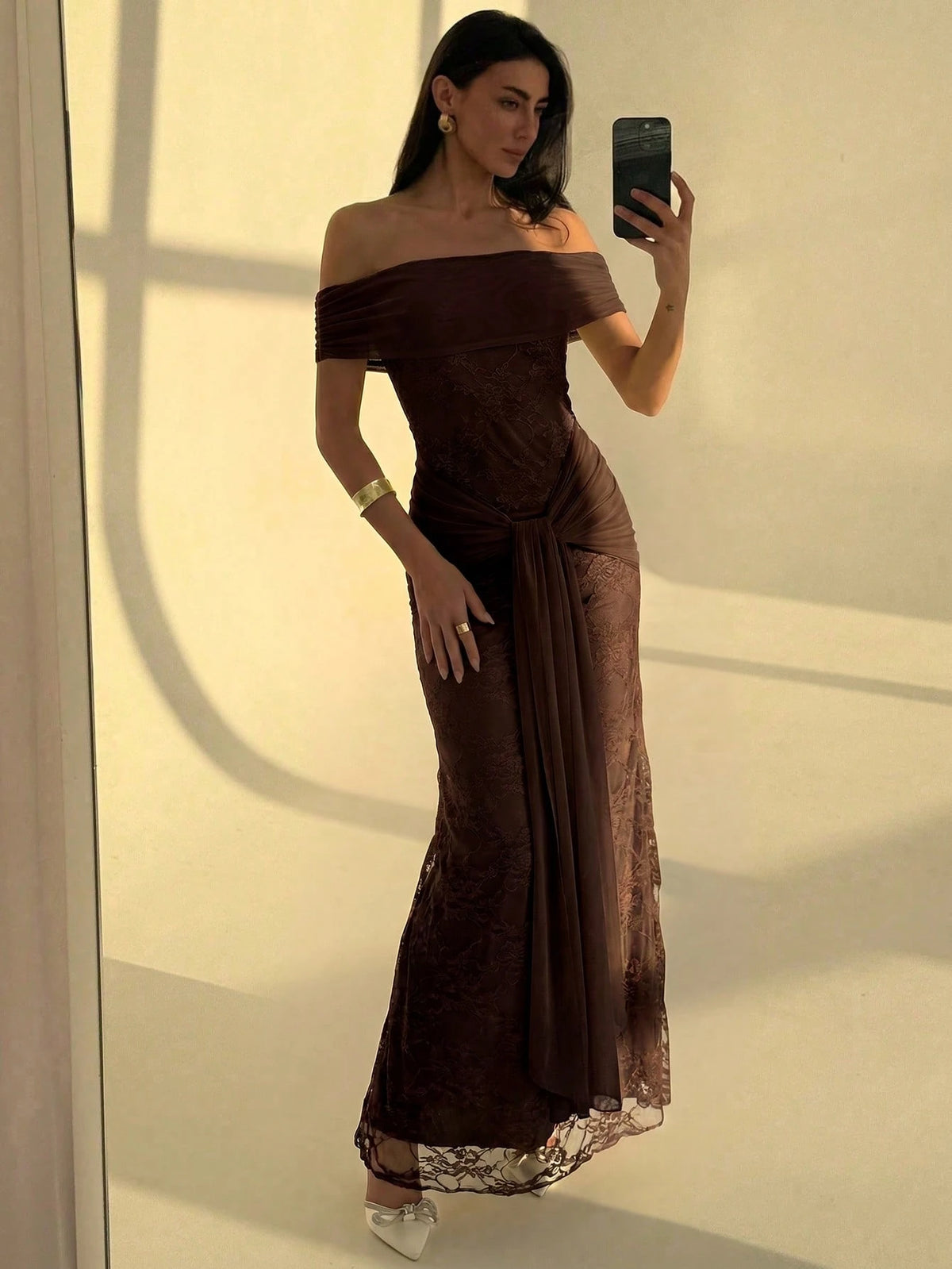 Aloruh Women's Fashion Versatile Pleated Tie-Up Off-Shoulder Elegant Lace Dress Dinner Formal Dark Brown Summer.Suitable For Wedding Guests,Dresses For Women Summer