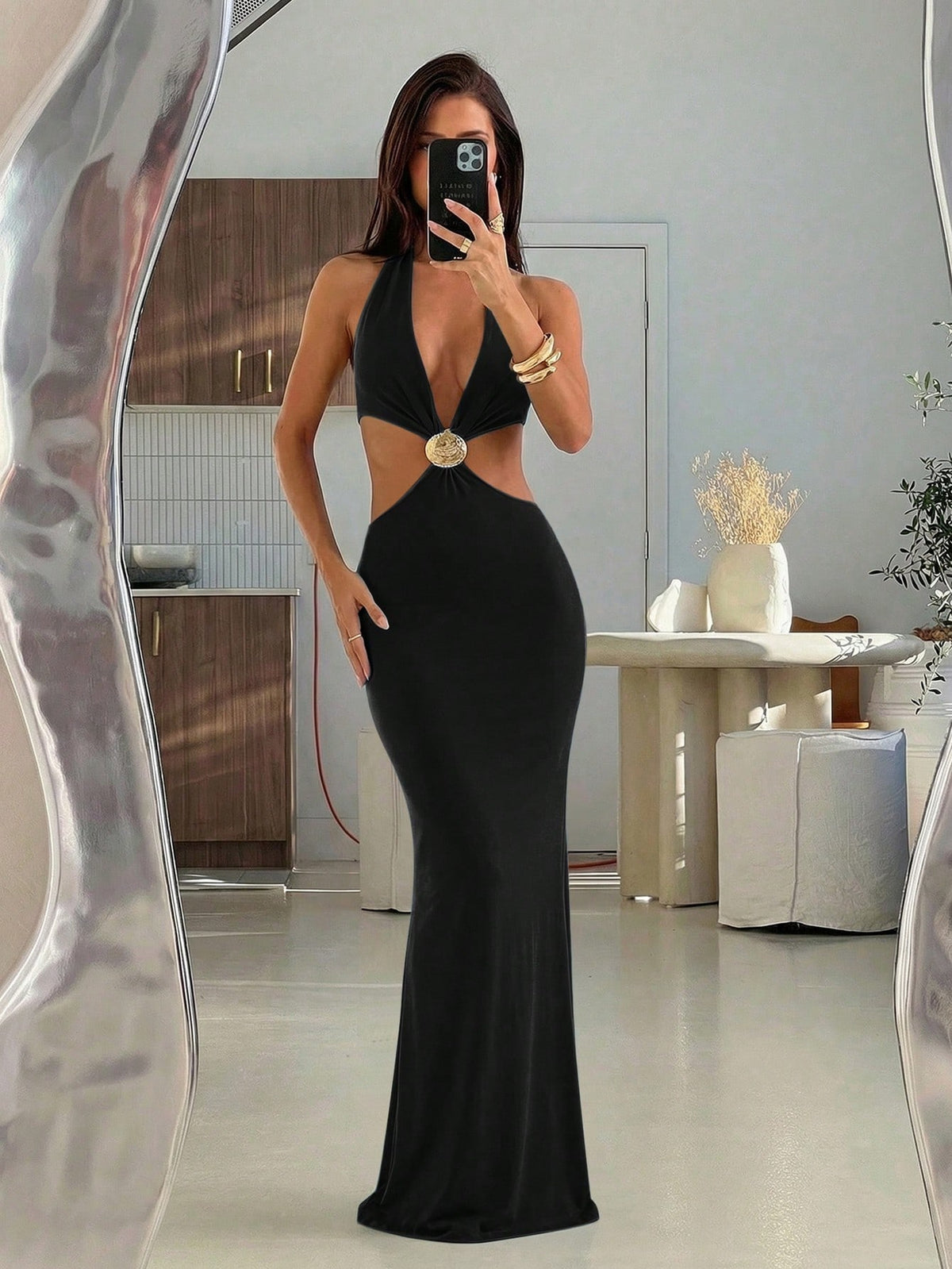 Aloruh Women's Sexy Beach Vacation Deep V Metal Shell Decor Halter Backless Fitted Long Dress, Blue