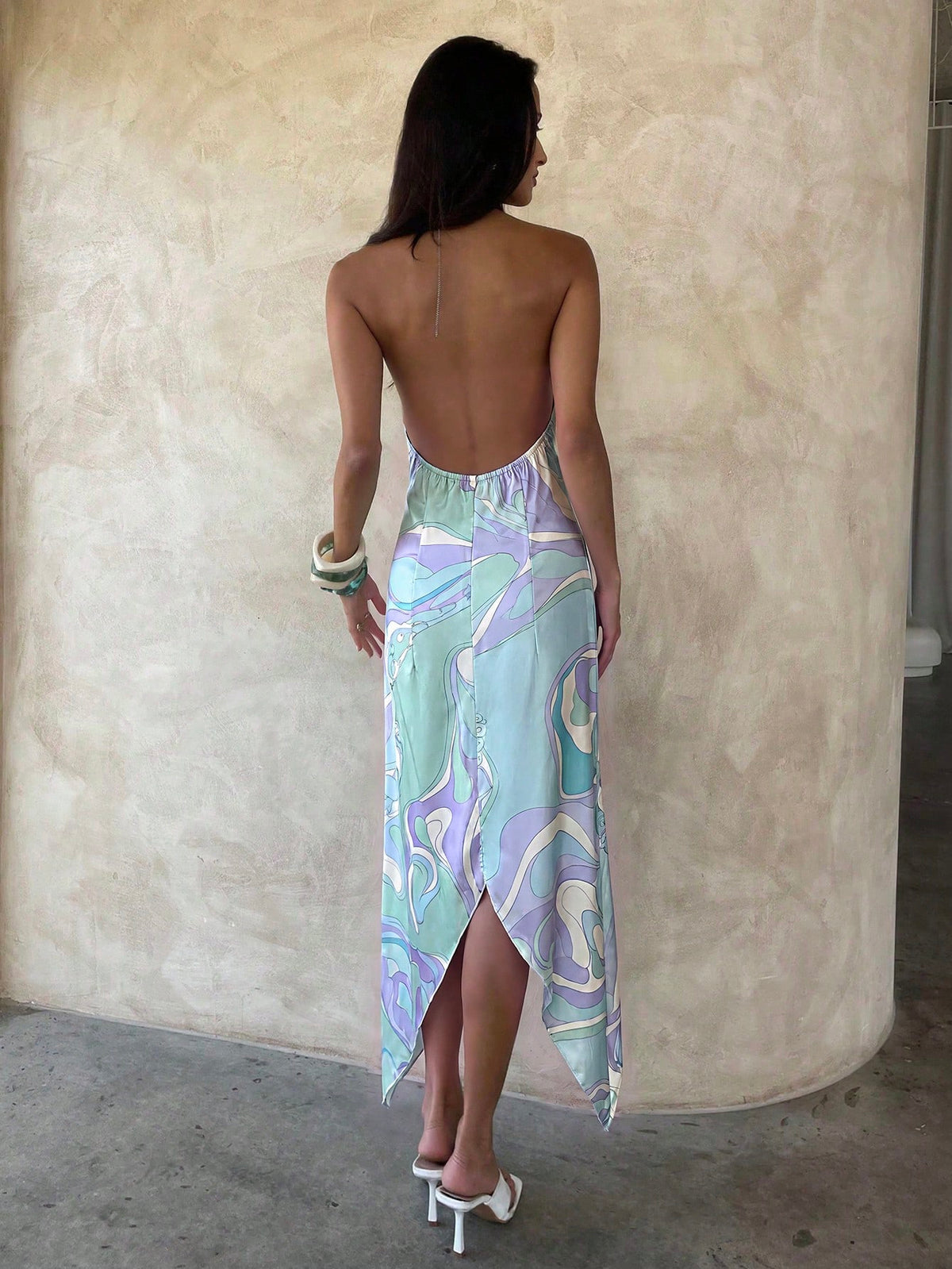Aloruh Women's Vacation Halter Neck Asymmetric Hem Abstract Print Dress Summer Outfits Clothes Beach Boho Tropical Sexy Modest Light Blue And White
