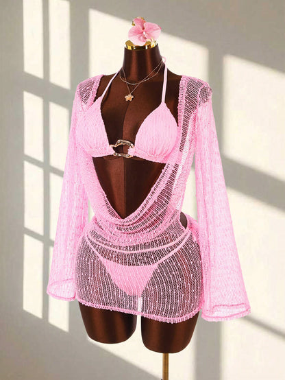 Amplova 3pcs Women's Sexy Halter Bikini Set- Top, Bottom, And Cover-Up