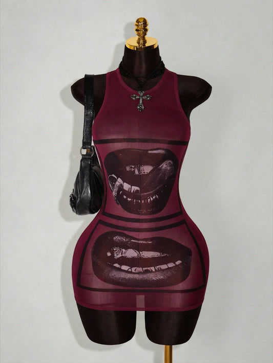 Amplova Women's Round Neck Lip Print Casual Mini Dress, Suitable For Daily Wear, Dating, Outing