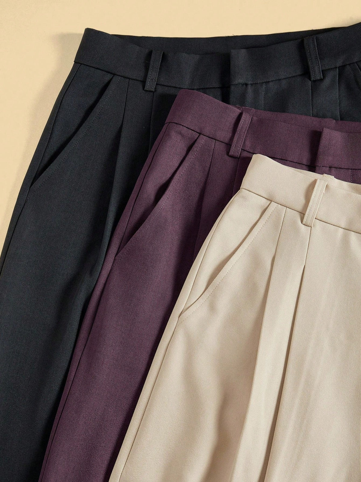 Anewsta 3 Pairs Fashionable Elegant Modern Minimalist Pocket Wide Leg Pants Set In Beige, Navy Blue, Brown, Vacation/New Year