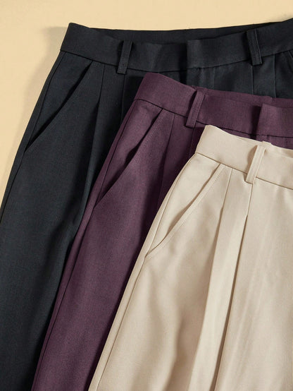 Anewsta 3 Pairs Fashionable Elegant Modern Minimalist Pocket Wide Leg Pants Set In Beige, Navy Blue, Brown, Vacation/New Year
