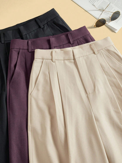 Anewsta 3 Pairs Fashionable Elegant Modern Minimalist Pocket Wide Leg Pants Set In Beige, Navy Blue, Brown, Vacation/New Year