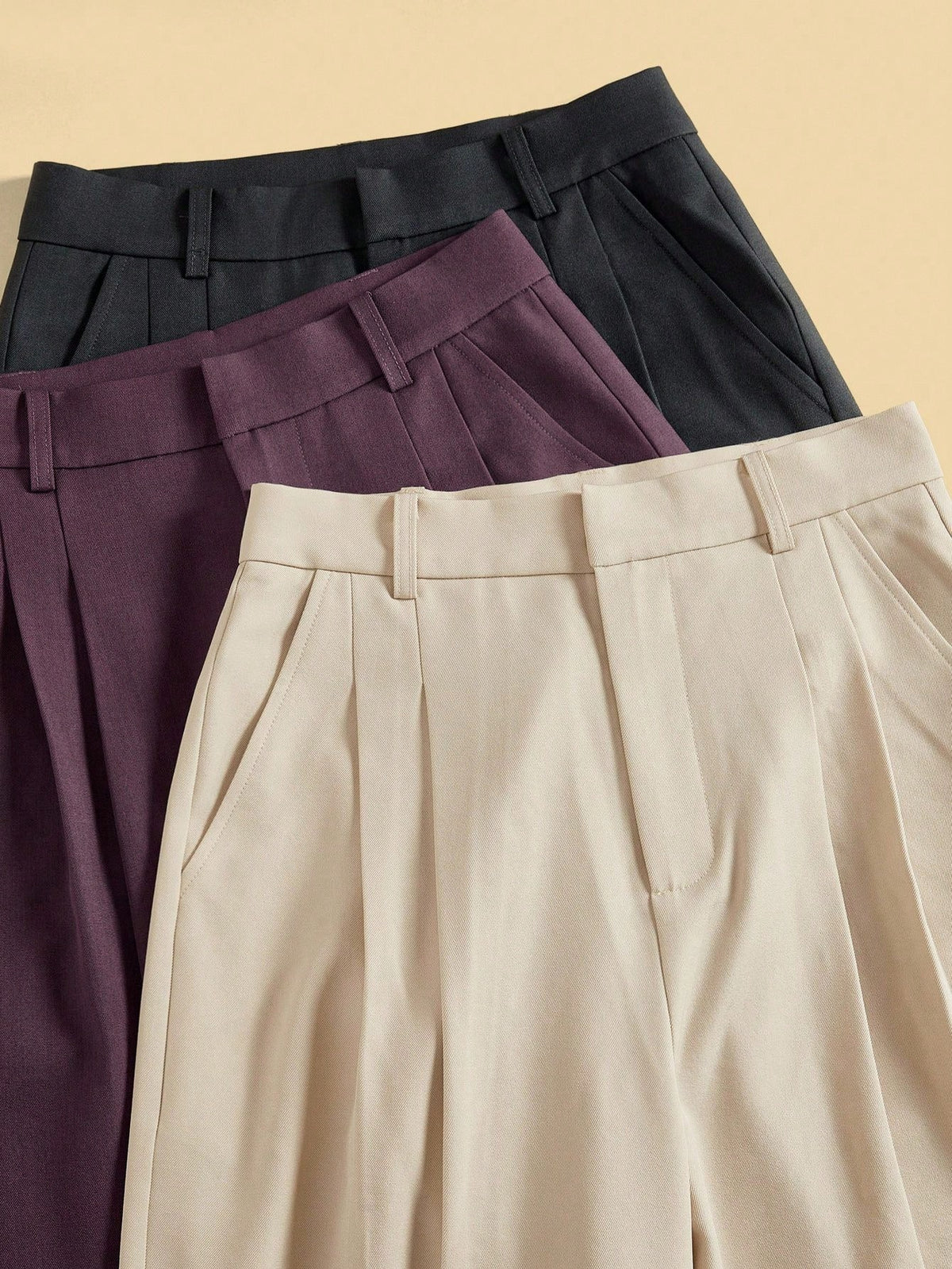 Anewsta 3 Pairs Fashionable Elegant Modern Minimalist Pocket Wide Leg Pants Set In Beige, Navy Blue, Brown, Vacation/New Year