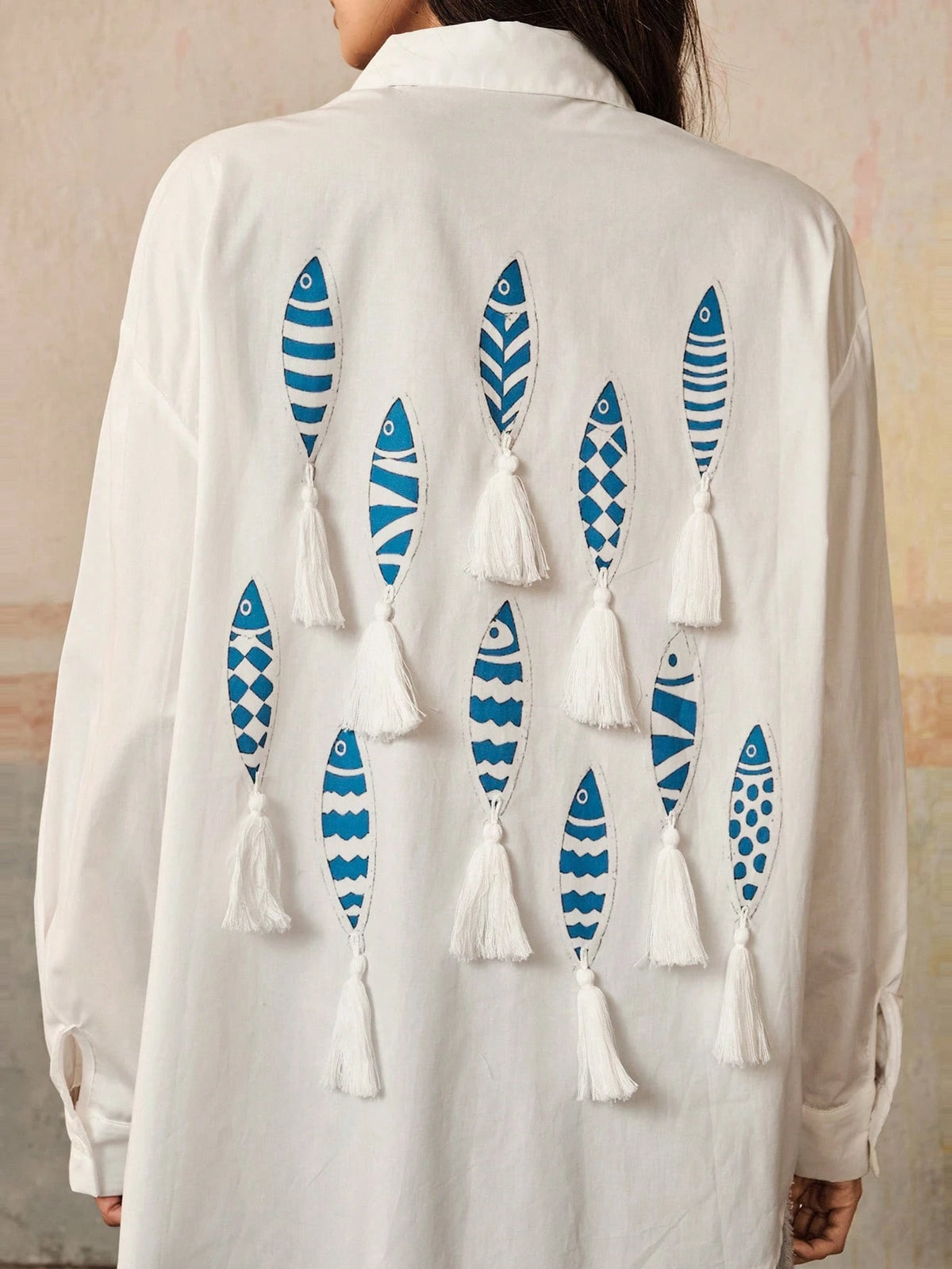 Anewsta Artistic Blue & White Fish Handmade Tassel Women Loose Fit Long Sleeve Blouse
