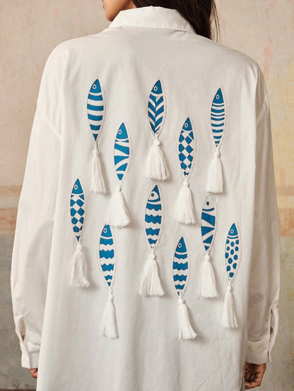 Anewsta Artistic Blue & White Fish Handmade Tassel Women Loose Fit Long Sleeve Blouse