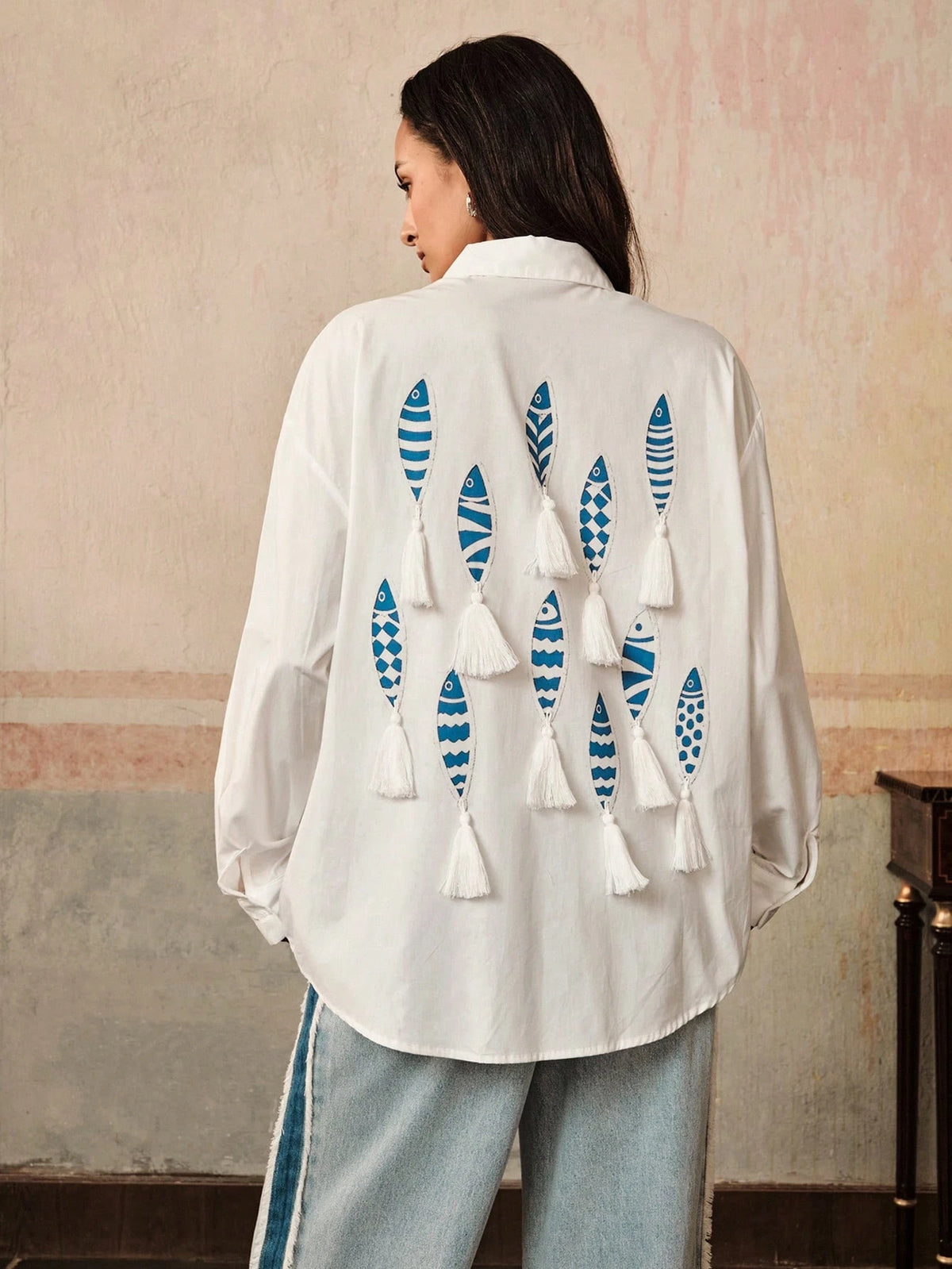 Anewsta Artistic Blue & White Fish Handmade Tassel Women Loose Fit Long Sleeve Blouse