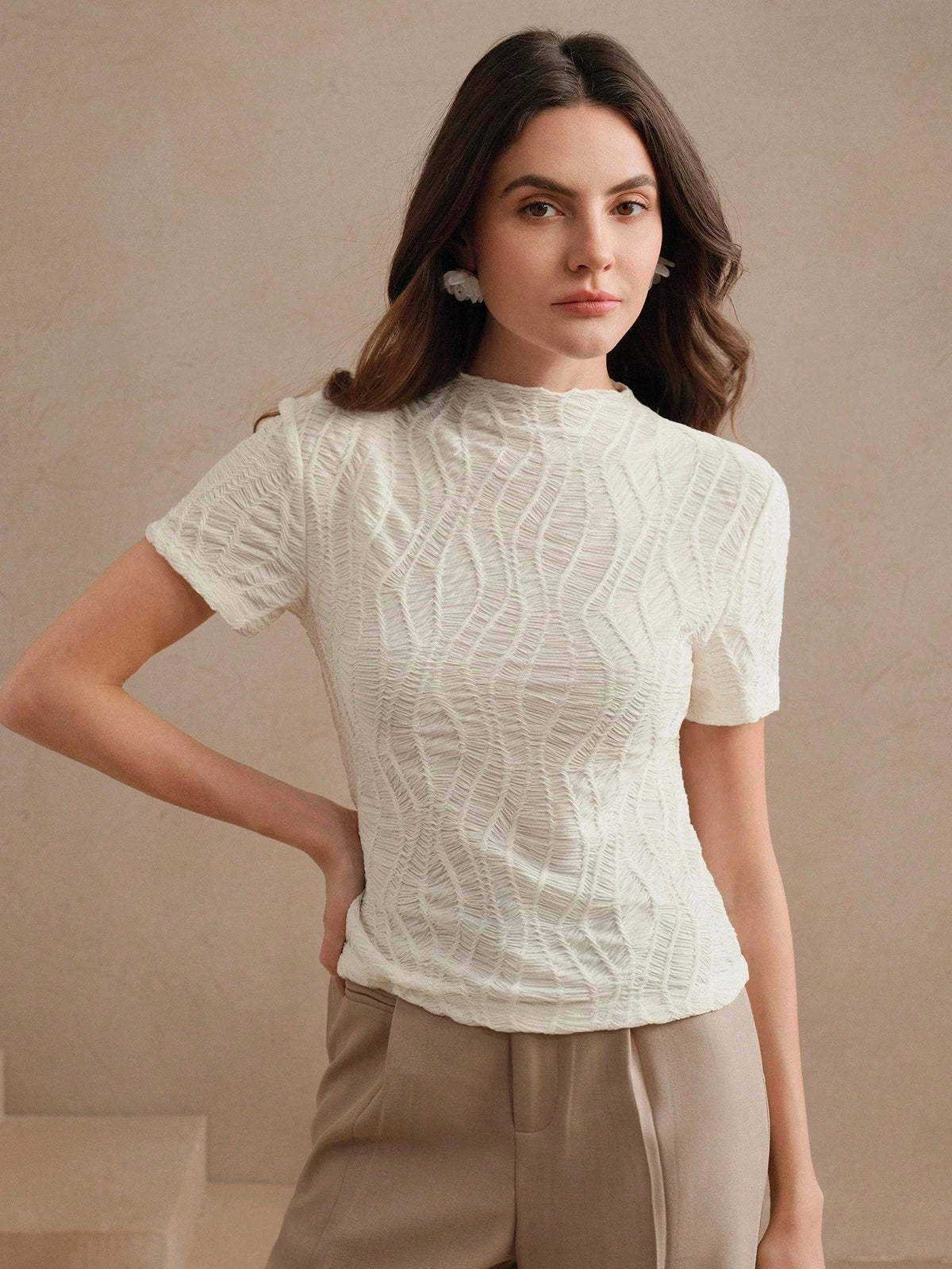 Anewsta Essential Anewsta Women's Elegant Vacation Beach Holiday Casual Knitted Textured Crinkle Apricot Short Sleeve T-Shirt
