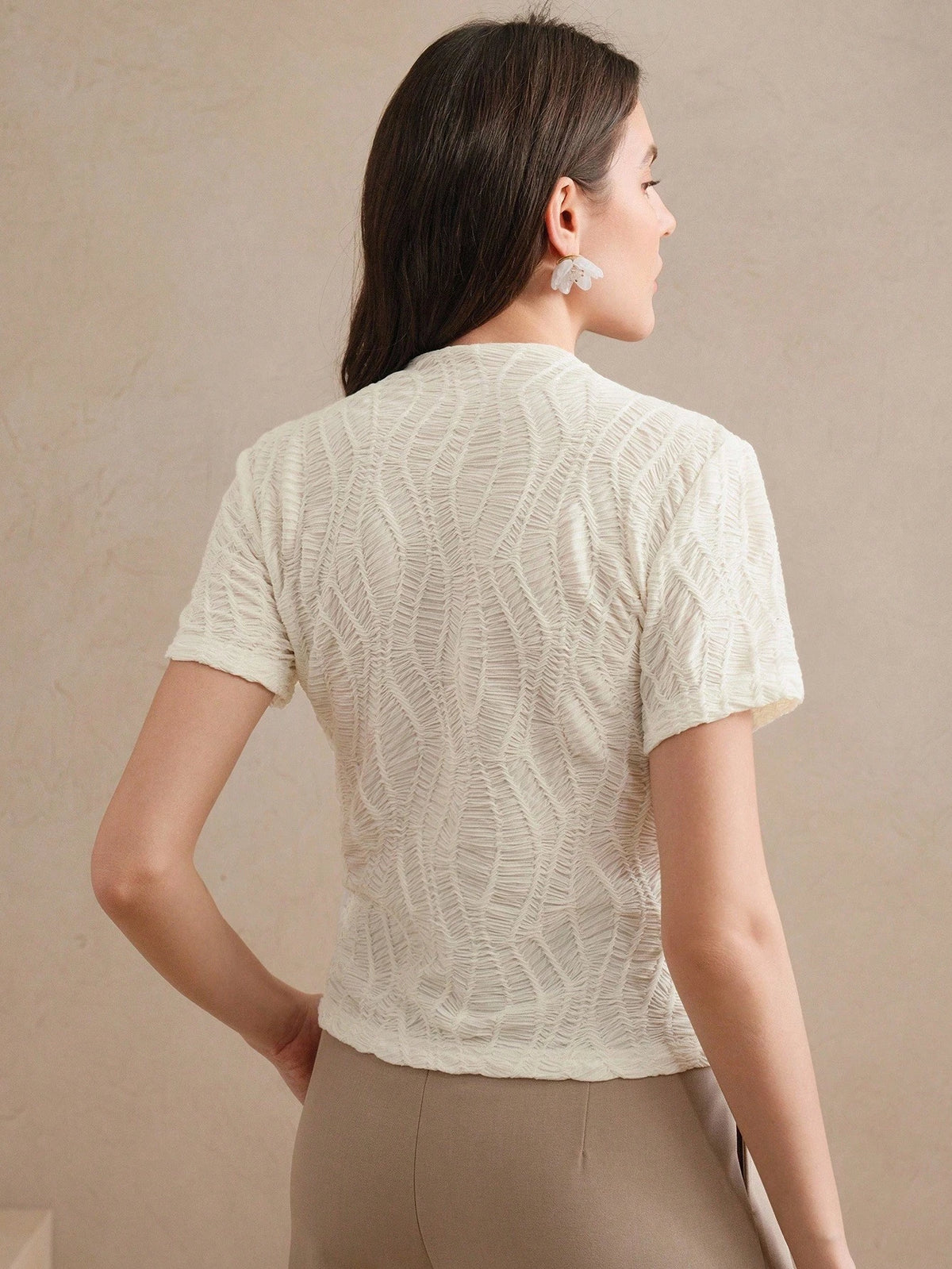 Anewsta Essential Anewsta Women's Elegant Vacation Beach Holiday Casual Knitted Textured Crinkle Apricot Short Sleeve T-Shirt