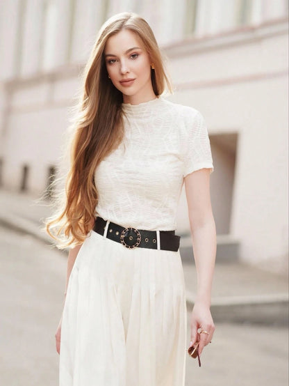 Anewsta Essential Anewsta Women's Elegant Vacation Beach Holiday Casual Knitted Textured Crinkle Apricot Short Sleeve T-Shirt