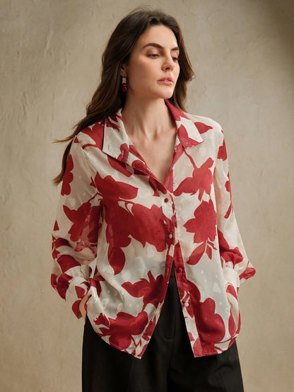 Anewsta Essential Anewsta Women's Summer Woven French Jacquard Printed Apricot Versatile Long Sleeve Blouse, Elegant, Casual, Vacation, Suitable For Valentine's Day