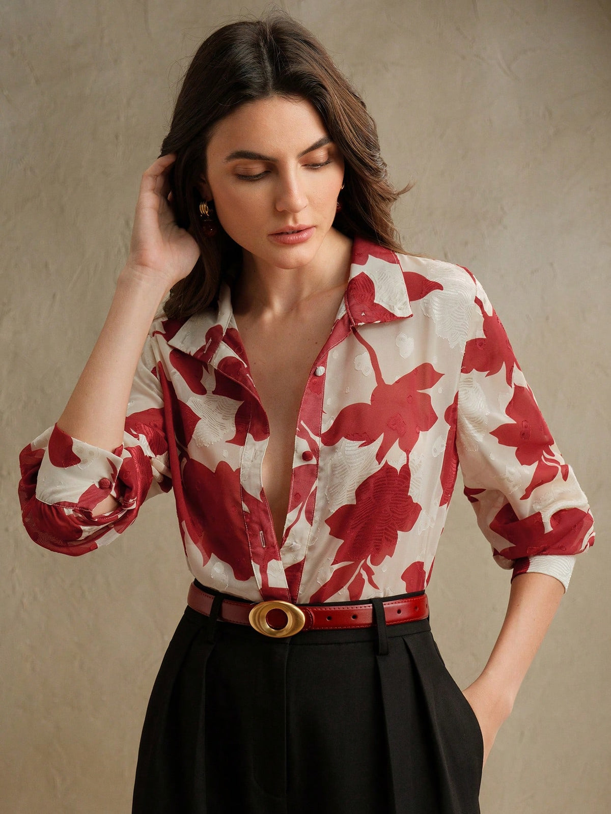 Anewsta Essential Anewsta Women's Summer Woven French Jacquard Printed Apricot Versatile Long Sleeve Blouse, Elegant, Casual, Vacation, Suitable For Valentine's Day