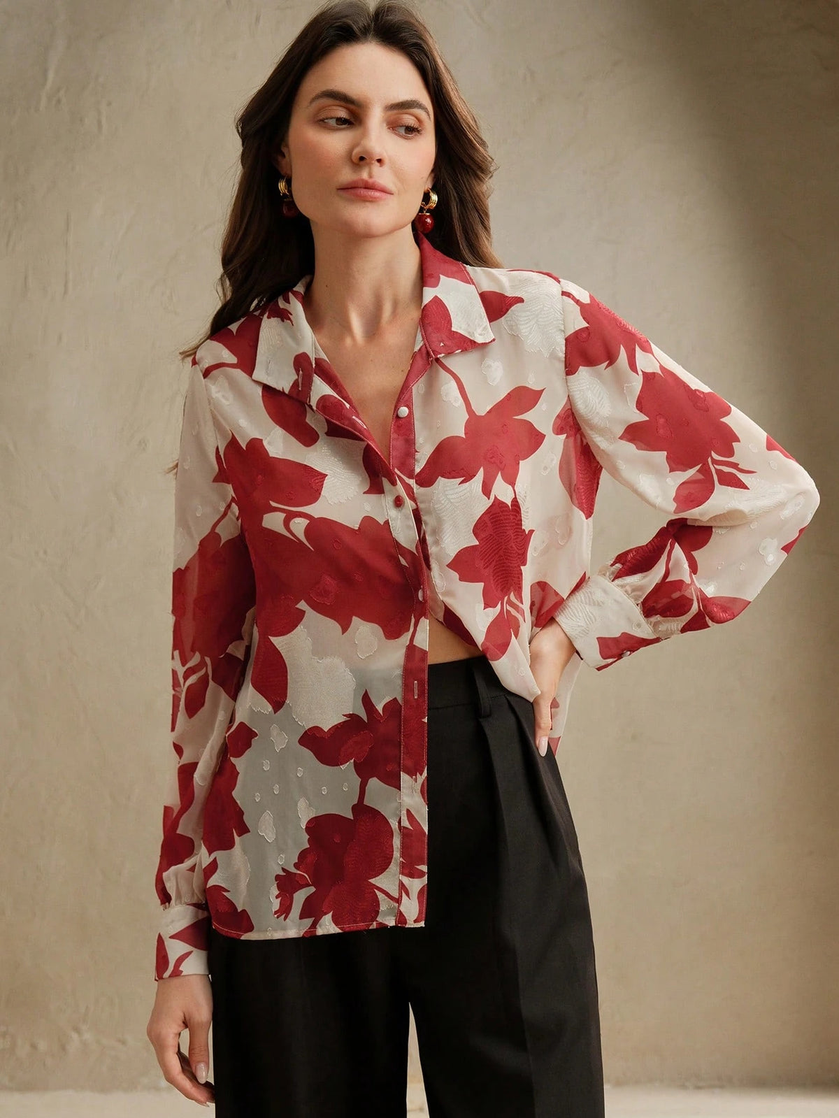 Anewsta Essential Anewsta Women's Summer Woven French Jacquard Printed Apricot Versatile Long Sleeve Blouse, Elegant, Casual, Vacation, Suitable For Valentine's Day