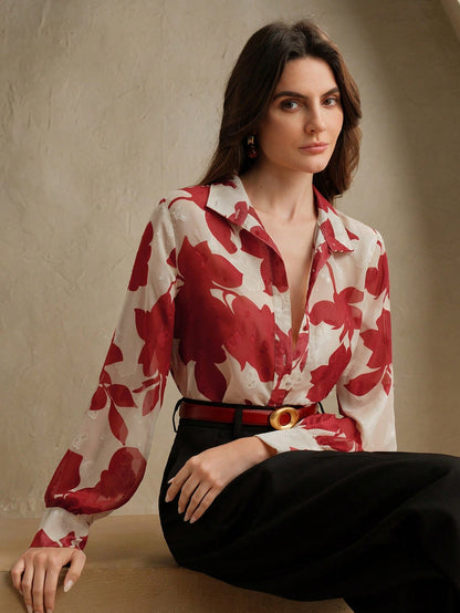 Anewsta Essential Anewsta Women's Summer Woven French Jacquard Printed Apricot Versatile Long Sleeve Blouse, Elegant, Casual, Vacation, Suitable For Valentine's Day