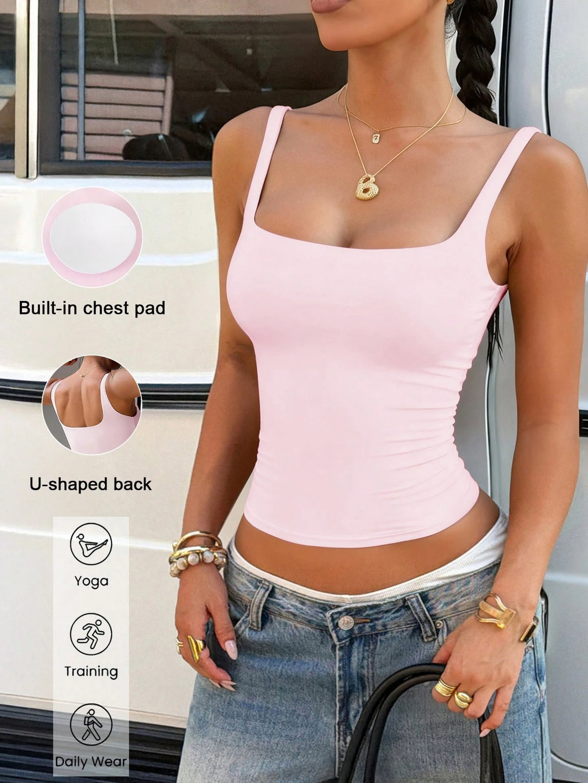 Aoqta Sports Women's Casual Knitted Square Neck Camisole, Built-In Padding, Basic Solid Color Top, Suitable For Yoga, Daily Wear, Training, Outings, Business