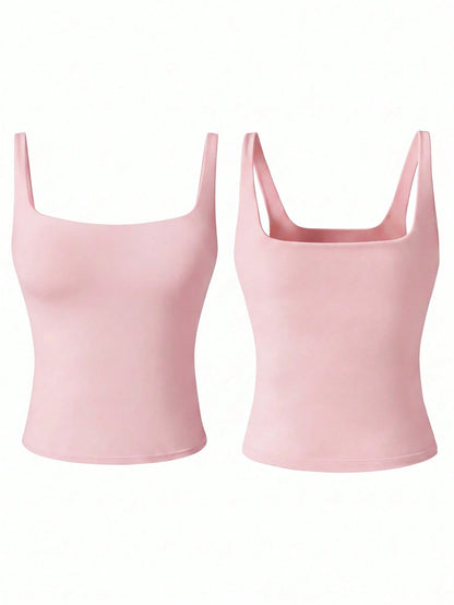 Aoqta Sports Women's Casual Knitted Square Neck Camisole, Built-In Padding, Basic Solid Color Top, Suitable For Yoga, Daily Wear, Training, Outings, Business