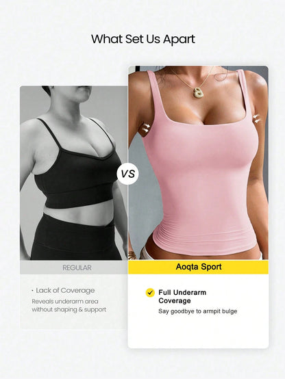 Aoqta Sports Women's Casual Knitted Square Neck Camisole, Built-In Padding, Basic Solid Color Top, Suitable For Yoga, Daily Wear, Training, Outings, Business