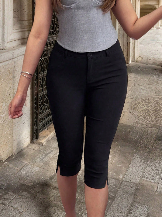 Apperloth A Apperloth Women's Thin 3/4 Pants, Elegant Black Casual Pants, Elastic Slit Hem, Slim Fit Leggings, 3/4 Pants, Skinny Pants, Button & Zipper Design, Suitable For Summer/Autumn Casual Outing