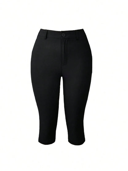 Apperloth A Apperloth Women's Thin 3/4 Pants, Elegant Black Casual Pants, Elastic Slit Hem, Slim Fit Leggings, 3/4 Pants, Skinny Pants, Button & Zipper Design, Suitable For Summer/Autumn Casual Outing