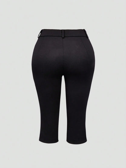 Apperloth A Apperloth Women's Thin 3/4 Pants, Elegant Black Casual Pants, Elastic Slit Hem, Slim Fit Leggings, 3/4 Pants, Skinny Pants, Button & Zipper Design, Suitable For Summer/Autumn Casual Outing