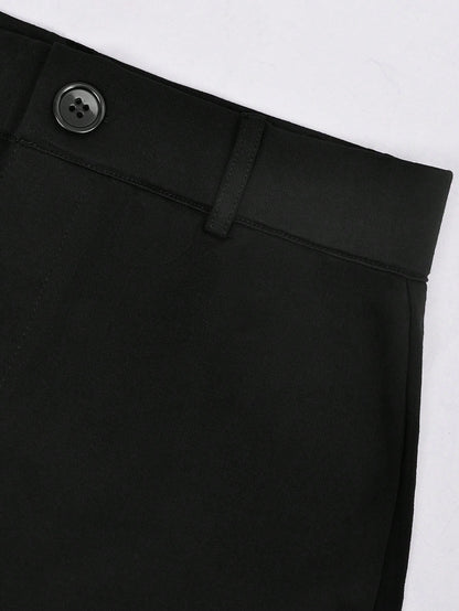 Apperloth A Apperloth Women's Thin 3/4 Pants, Elegant Black Casual Pants, Elastic Slit Hem, Slim Fit Leggings, 3/4 Pants, Skinny Pants, Button & Zipper Design, Suitable For Summer/Autumn Casual Outing
