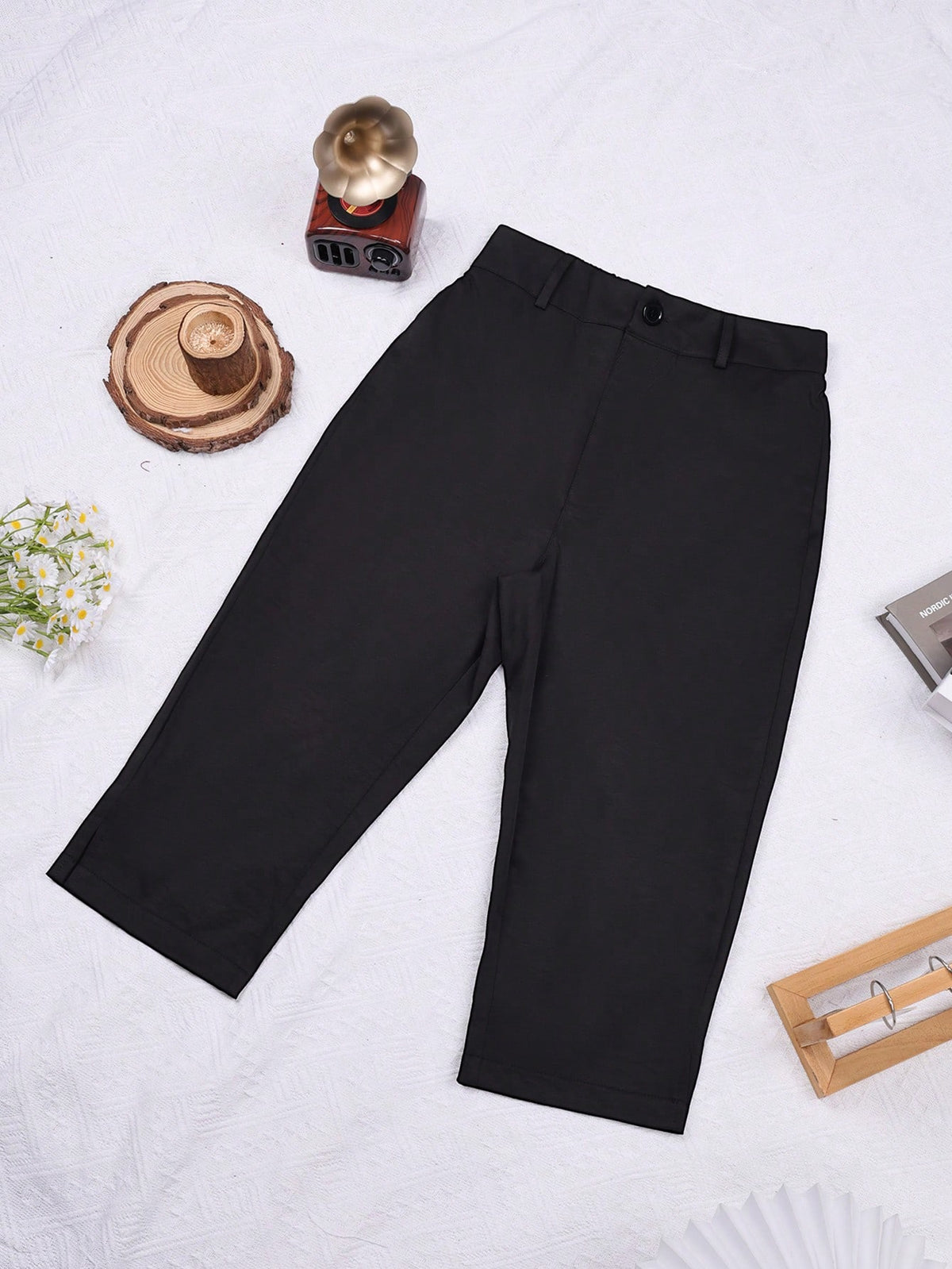 Apperloth A Apperloth Women's Thin 3/4 Pants, Elegant Black Casual Pants, Elastic Slit Hem, Slim Fit Leggings, 3/4 Pants, Skinny Pants, Button & Zipper Design, Suitable For Summer/Autumn Casual Outing