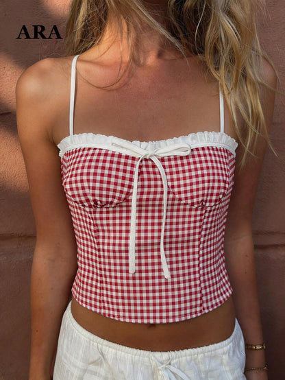 ARA CHIC Women's Red & White Plaid Lace Trim Bow Tie Criss-Cross Camisole- Summer Country Vacation Casual Style