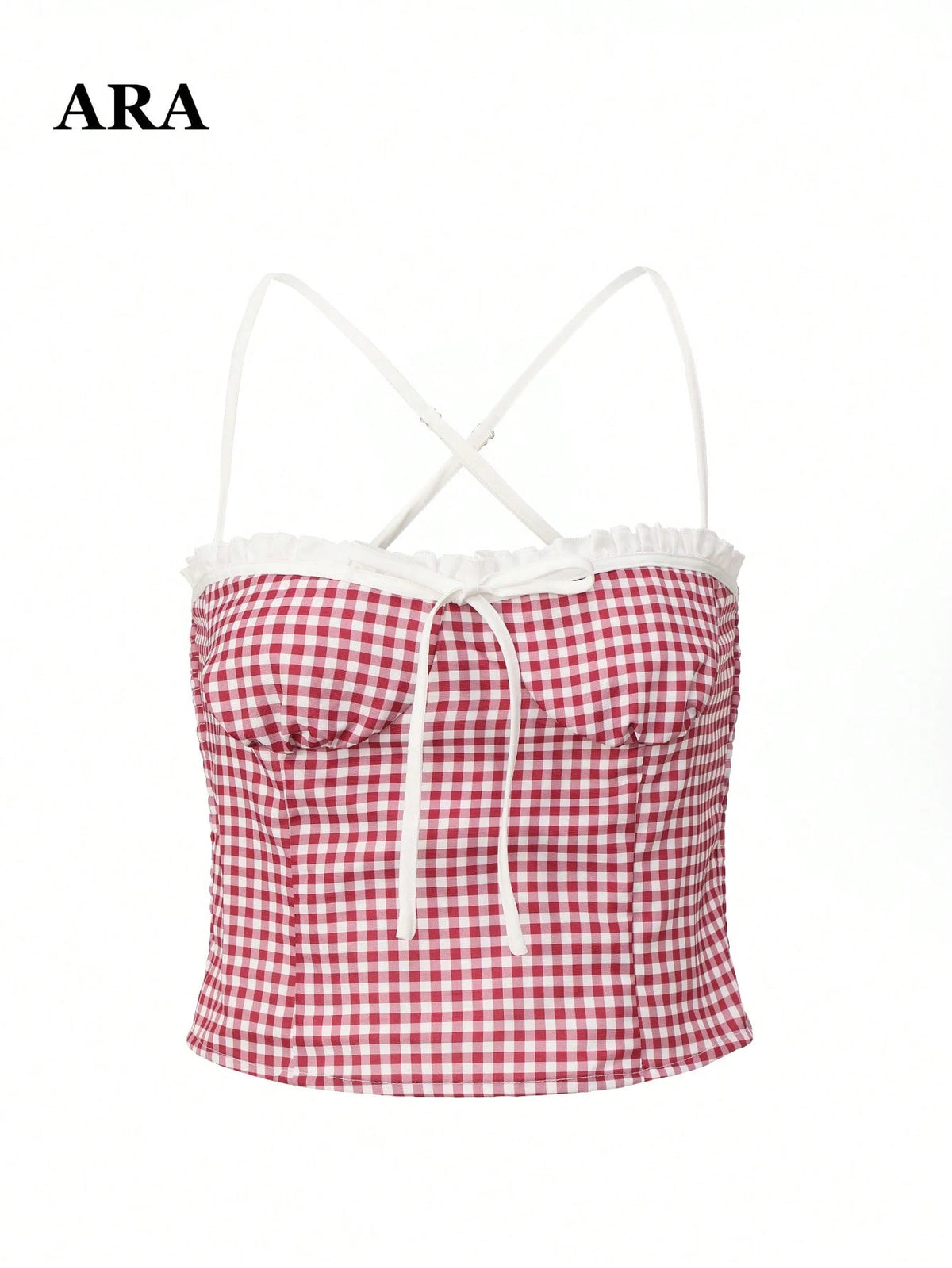 ARA CHIC Women's Red & White Plaid Lace Trim Bow Tie Criss-Cross Camisole- Summer Country Vacation Casual Style