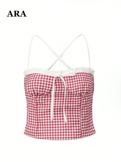 ARA CHIC Women's Red & White Plaid Lace Trim Bow Tie Criss-Cross Camisole- Summer Country Vacation Casual Style