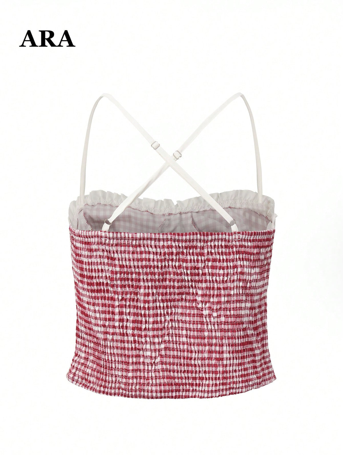 ARA CHIC Women's Red & White Plaid Lace Trim Bow Tie Criss-Cross Camisole- Summer Country Vacation Casual Style