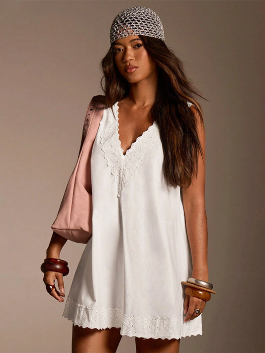 Athîral Women's V-Neck Sleeveless Casual Mini Dress,Beach Dress,Going Out Outfits, Dresses For Holiday, White Dress,Country Dress