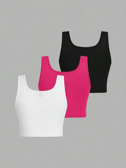 Attitoon 3pcs Women's Black, White & Pink Cherry Bow Graphic Cropped Tight Fit Casual Tank Tops, Suitable For Summer