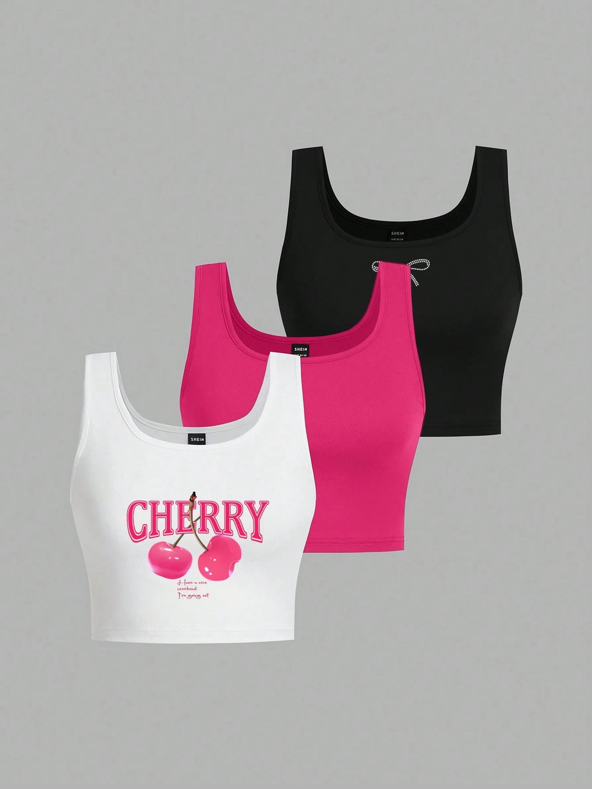 Attitoon 3pcs Women's Black, White & Pink Cherry Bow Graphic Cropped Tight Fit Casual Tank Tops, Suitable For Summer