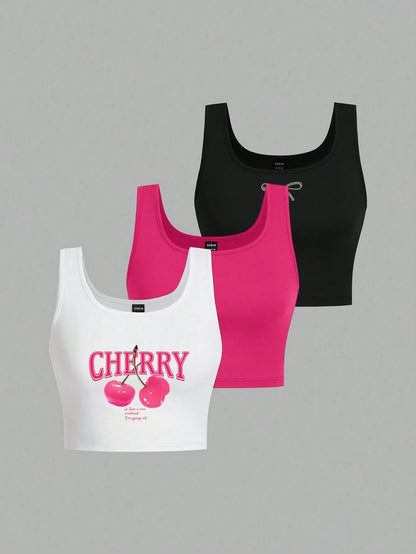 Attitoon 3pcs Women's Black, White & Pink Cherry Bow Graphic Cropped Tight Fit Casual Tank Tops, Suitable For Summer