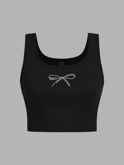Attitoon 3pcs Women's Black, White & Pink Cherry Bow Graphic Cropped Tight Fit Casual Tank Tops, Suitable For Summer